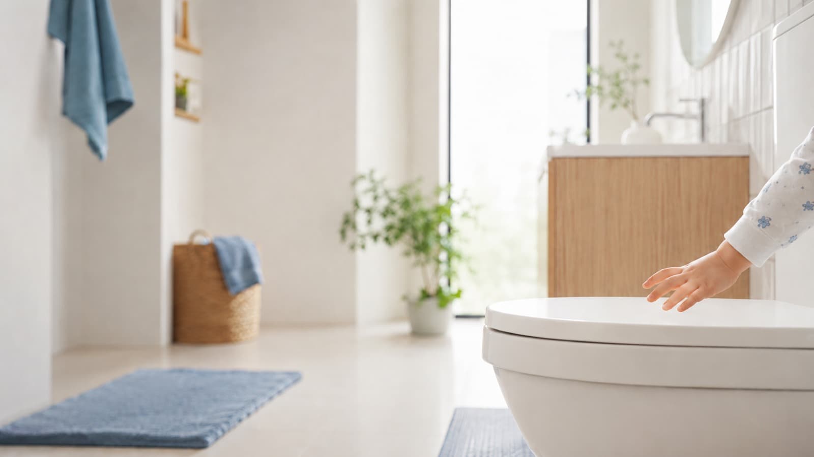 Child's hand near a toilet — a clean modern bathroom